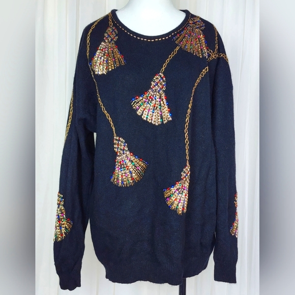 Vintage black knit wool beaded rhinestone Christmas Xmas tunic sweater L/XL - Picture 1 of 6